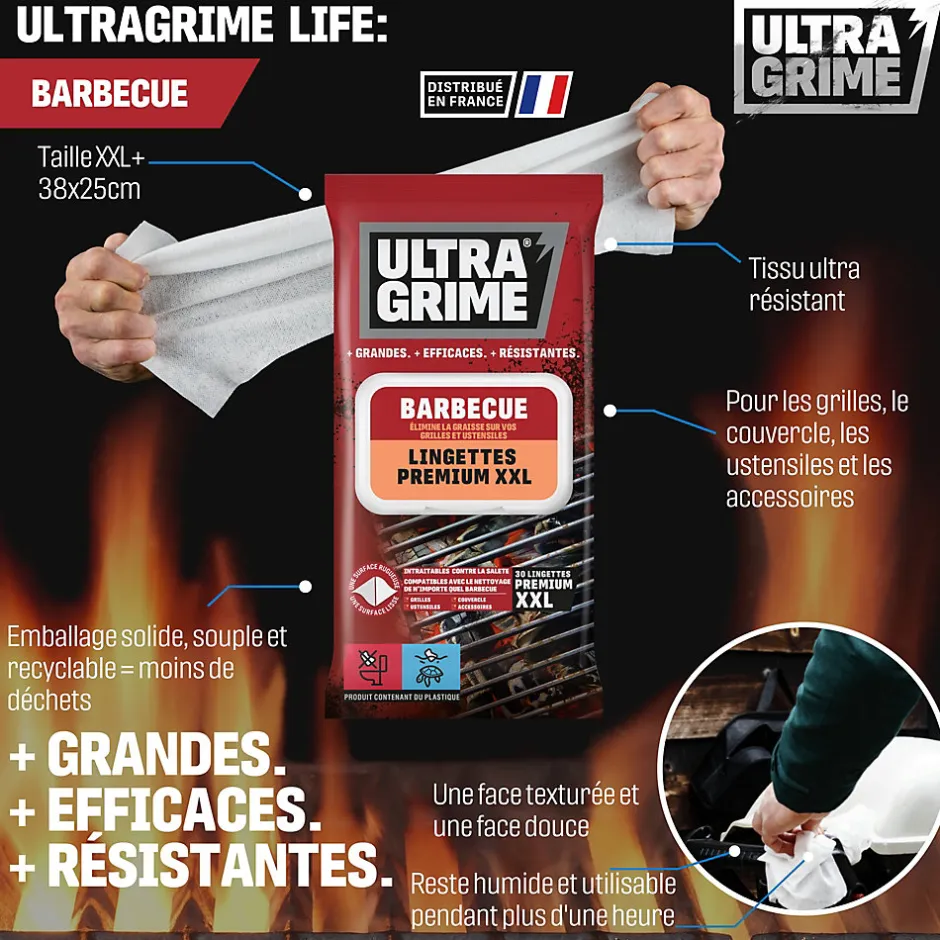 Ultragrime 30 lingettes barbecue premium XXL L.38 x l.25 cm