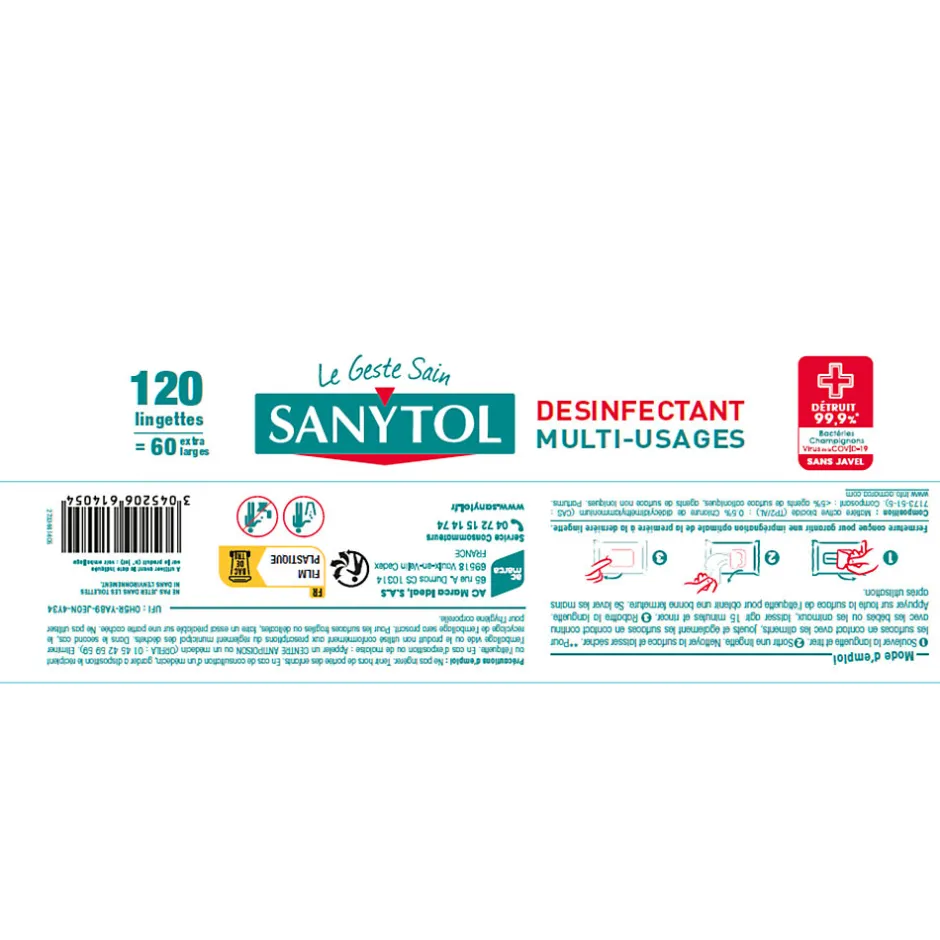 Sanytol 120 lingettes désinfectantes multi-usages eucalyptus 0,2L