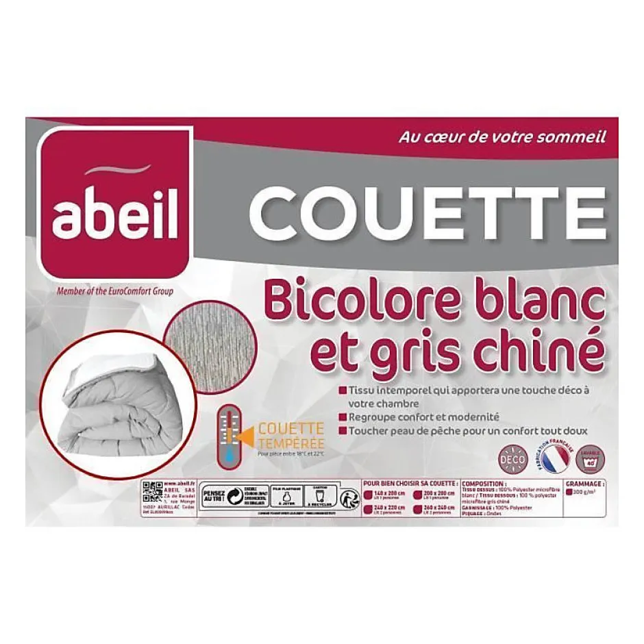 Abeil Couette tempérée BICOLORE 220x240cm - Blanc & Gris chiné