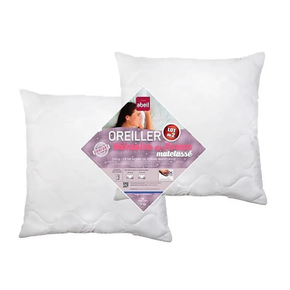 Abeil Lot de 2 Oreillers a mémoire de forme matelassés- 60x60 cm - Blanc Discount