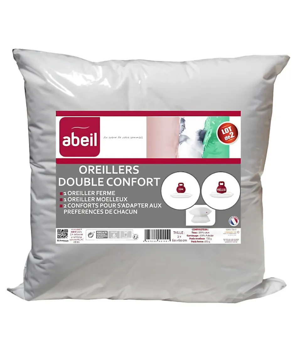 Abeil Lot de 2 Oreillers DOUBLE CONFORT 100% Coton 60x60cm