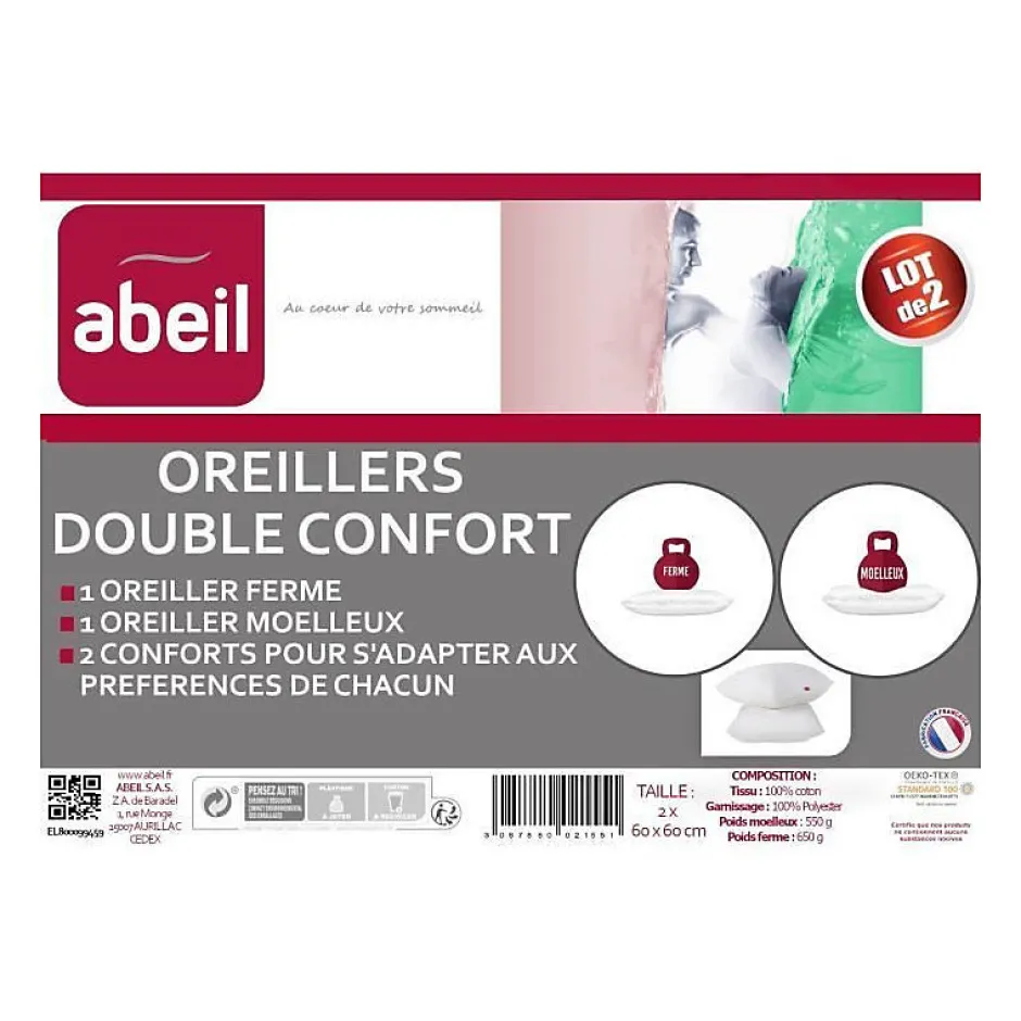Abeil Lot de 2 Oreillers DOUBLE CONFORT 100% Coton 60x60cm