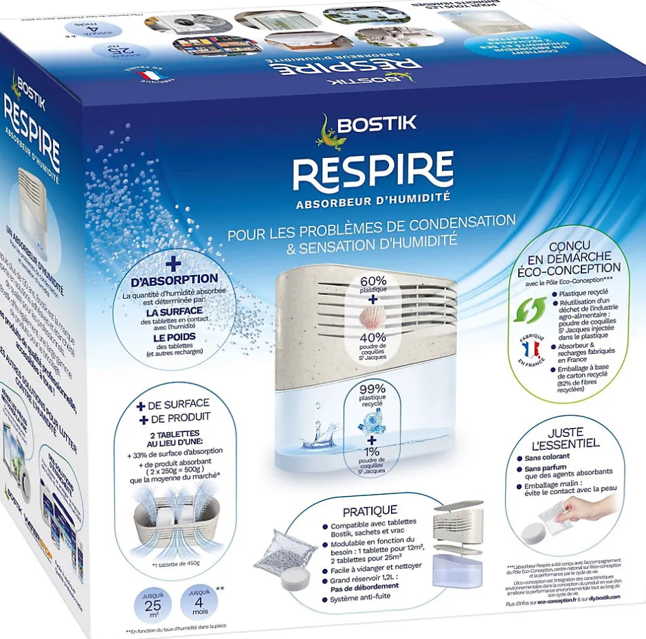 Bostik Absorbeur d'humidité avec 4 tablettes de 250 g Respire pour surface de 25 m²