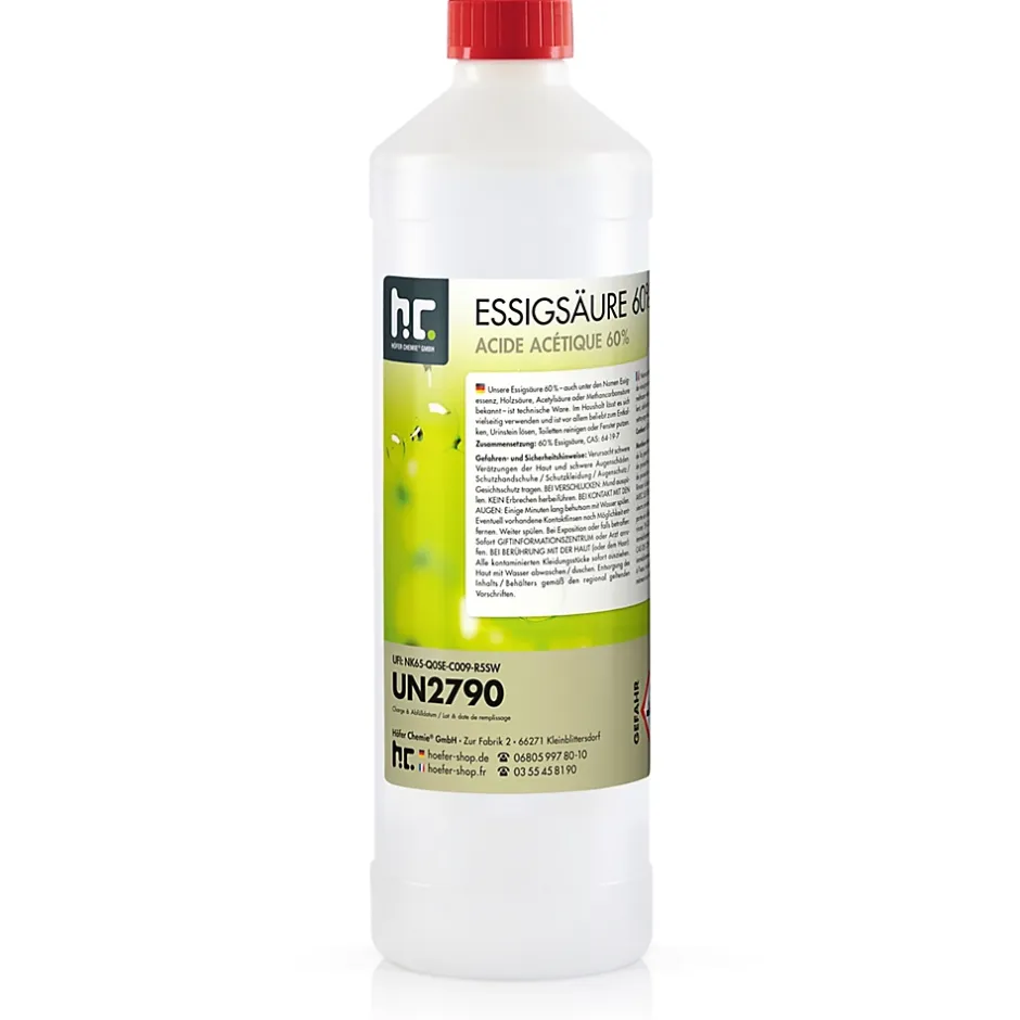 Höfer Chemie Acide Acétique 60 %, 1 x 1 L : Nettoyant Concentré, Et Économique Pour Un Usage Ménager Polyvalent