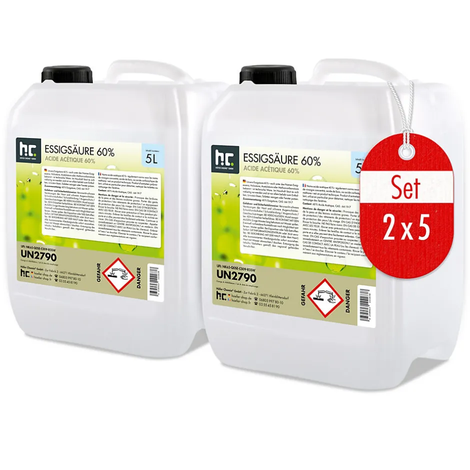 Höfer Chemie Acide Acétique 60 %, 2 x 5 L : Nettoyant Concentré, Et Économique Pour Un Usage Ménager Polyvalent