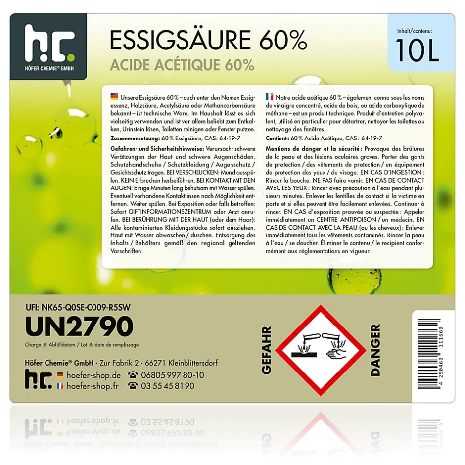 Höfer Chemie Acide Acétique 60 %, 2 x 10 L : Nettoyant Concentré, Et Économique Pour Un Usage Ménager Polyvalent