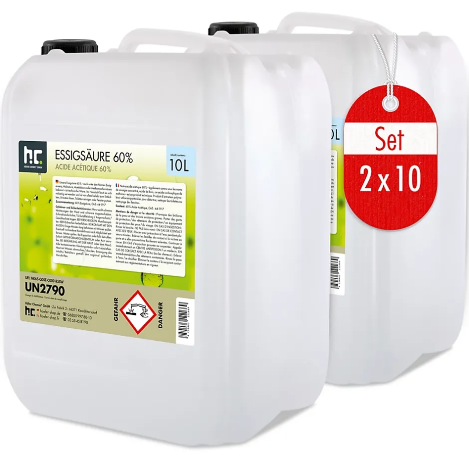 Höfer Chemie Acide Acétique 60 %, 2 x 10 L : Nettoyant Concentré, Et Économique Pour Un Usage Ménager Polyvalent