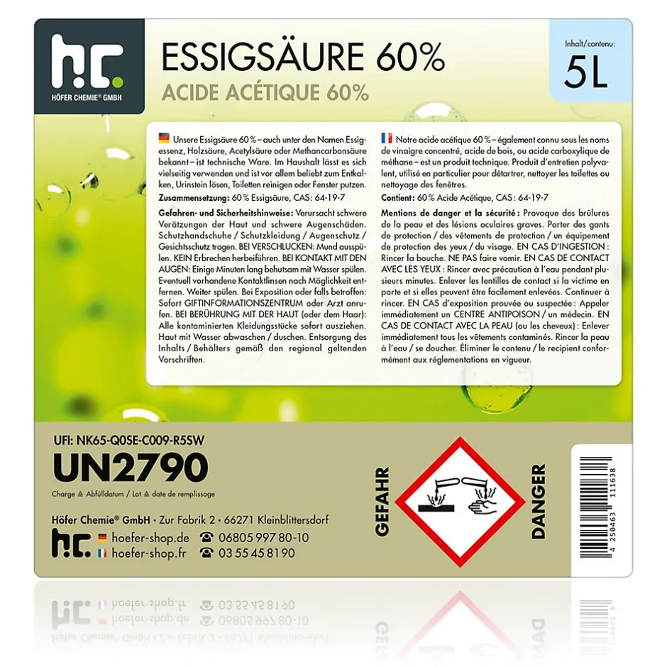 Höfer Chemie Acide Acétique 60 %, 48 x 5 L : Nettoyant Concentré, Et Économique Pour Un Usage Ménager Polyvalent