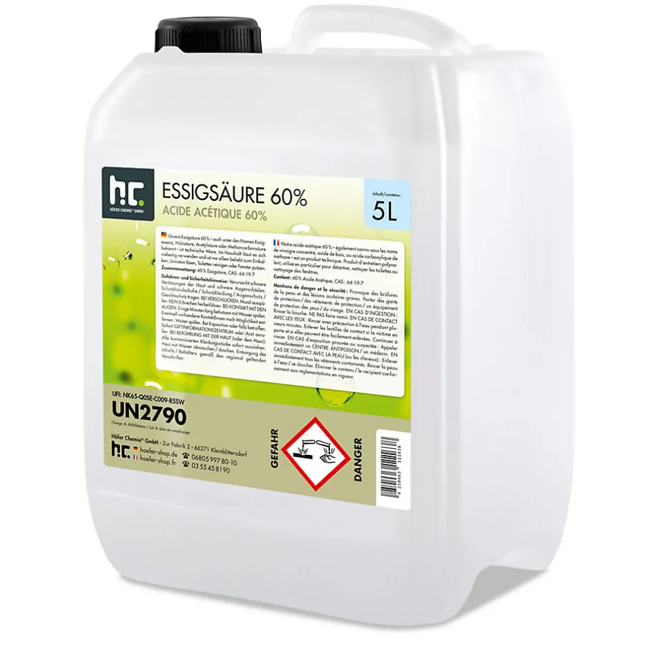 Höfer Chemie Acide Acétique 60 %, 4 x 5 L : Nettoyant Concentré, Et Économique Pour Un Usage Ménager Polyvalent