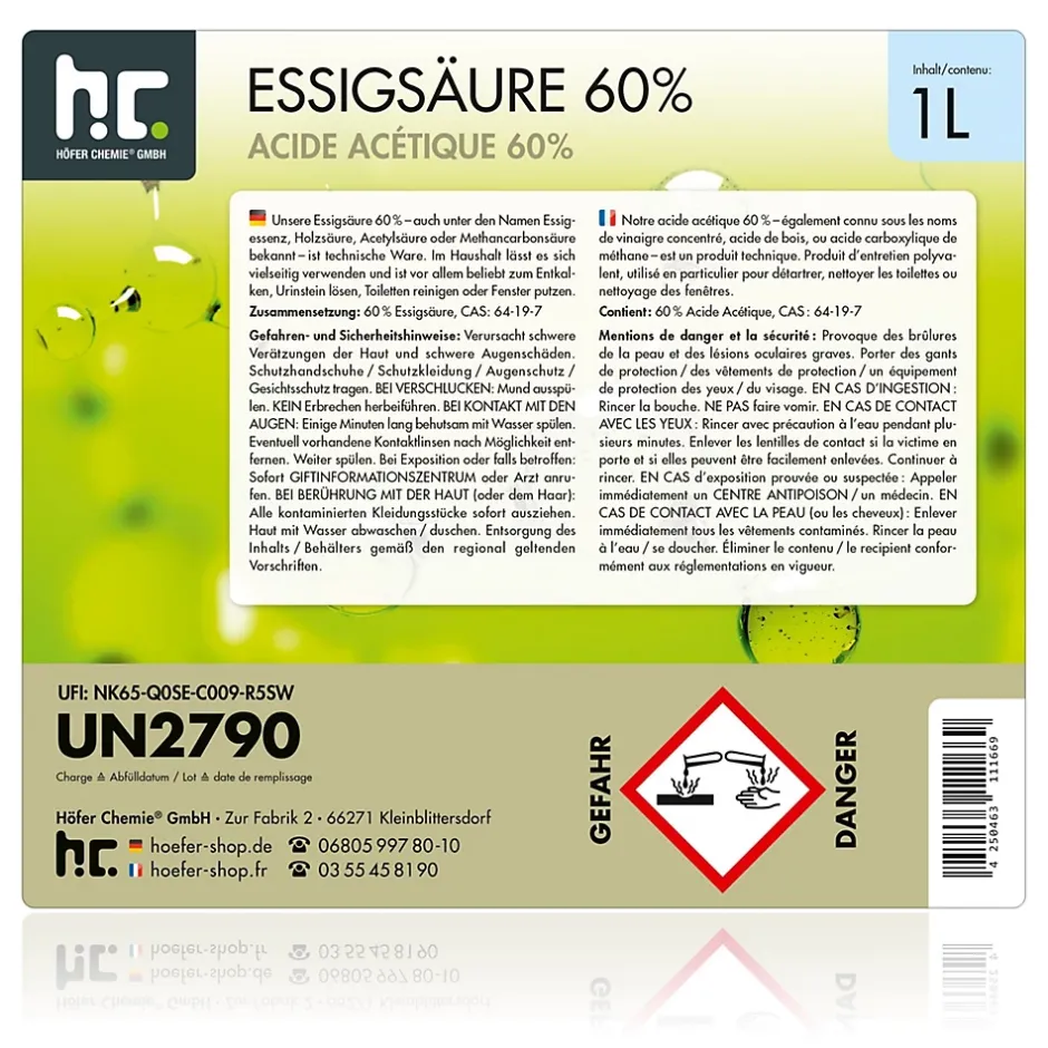 Höfer Chemie Acide Acétique 60 %, 24 x 1 L : Nettoyant Concentré, Et Économique Pour Un Usage Ménager Polyvalent Outlet