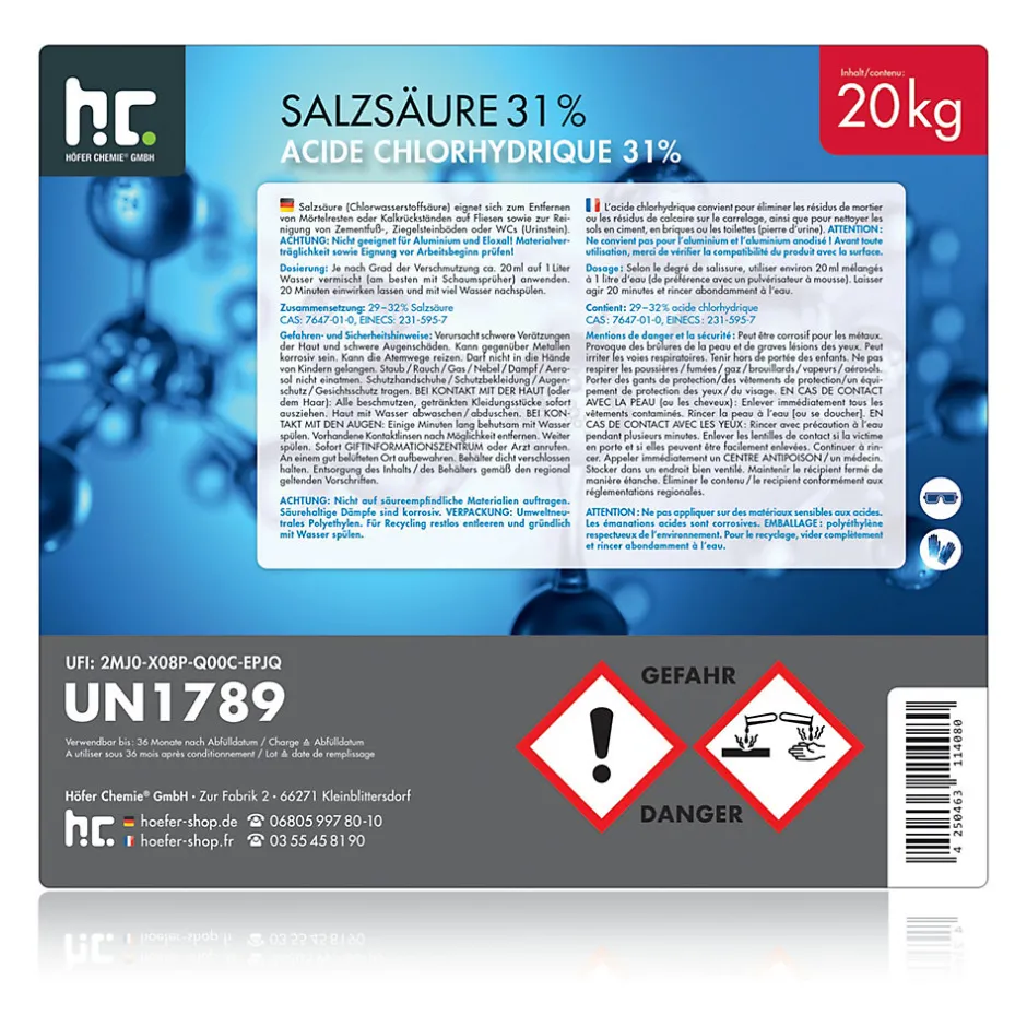 Höfer Chemie Acide Chlorhydrique 29-32%, Bidon De 4 x 20 Kg, Nettoyage, Décapage, Traitement Métallurgique