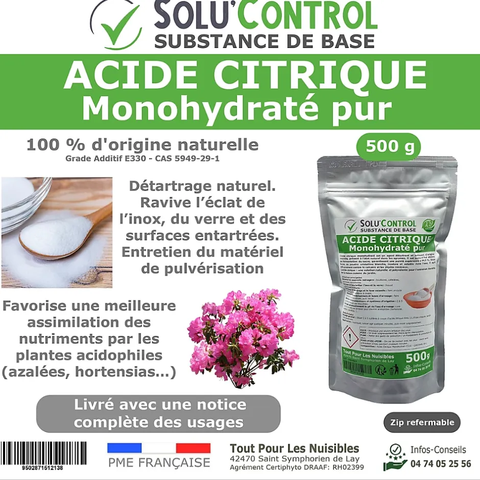 Tout Pour Les Nuisibles Acide citrique monohydraté pur 500 g - 100% d'origine naturel - Nettoyer, détartrer, raviver l'inox et corriger le pH Online