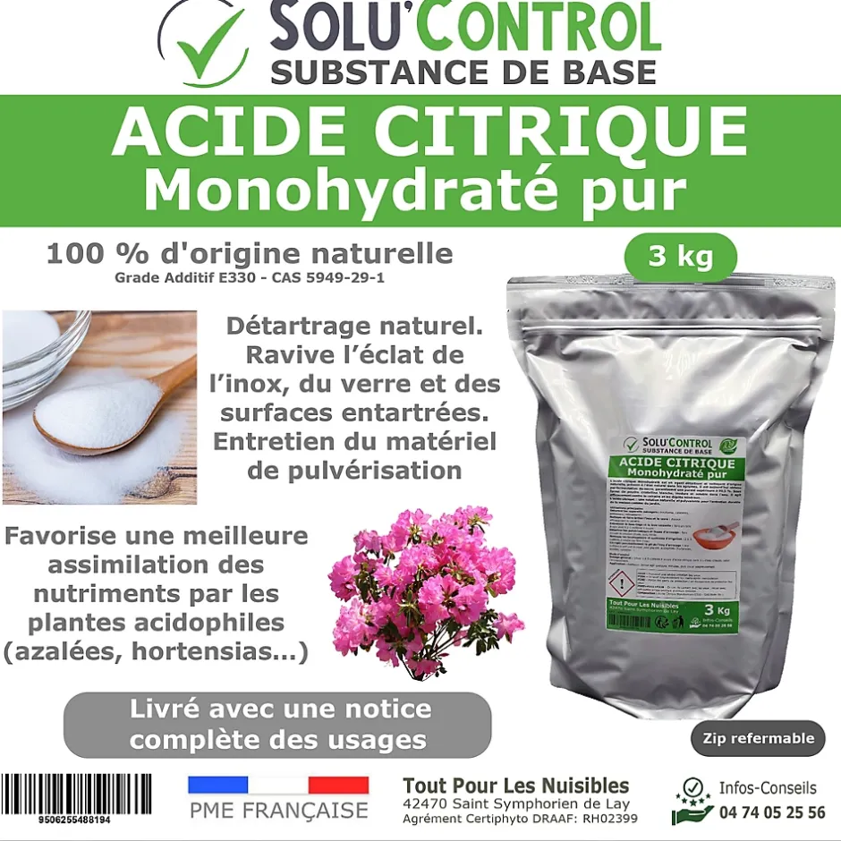 Tout Pour Les Nuisibles Acide citrique monohydraté pur 3 kg - 100% d'origine naturel - Nettoyer, détartrer, raviver l'inox et corriger le pH New