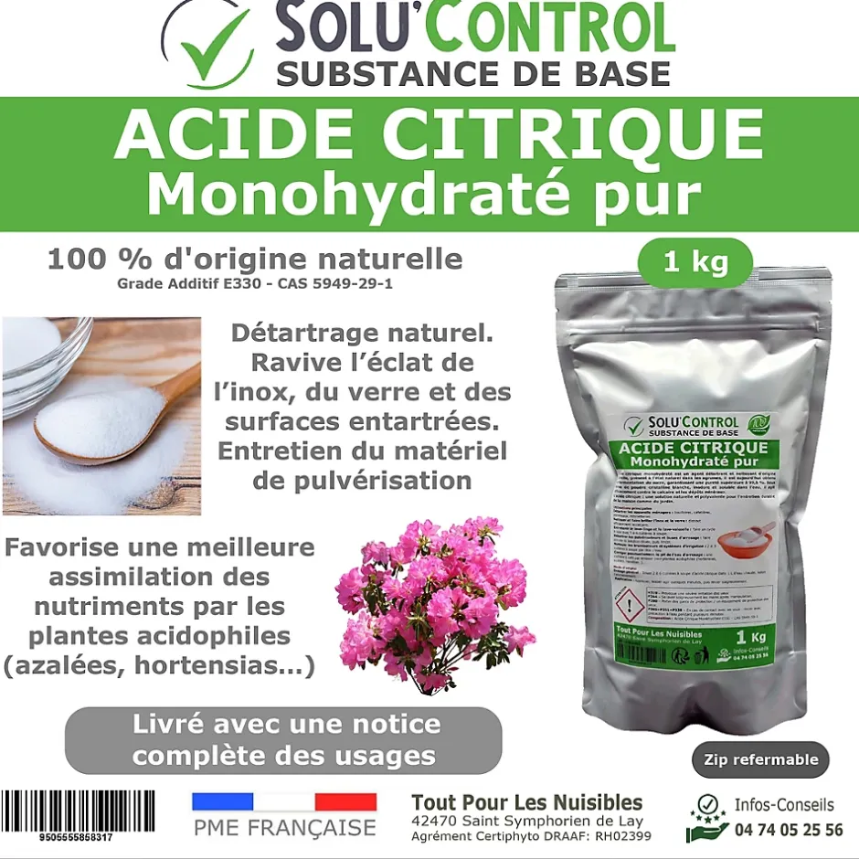 Tout Pour Les Nuisibles Acide citrique monohydraté pur 1 kg - 100% d'origine naturel - Nettoyer, détartrer, raviver l'inox et corriger le pH