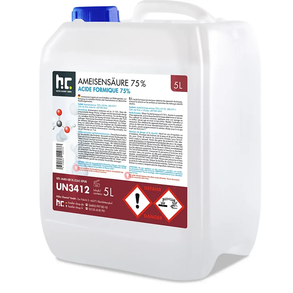 Höfer Chemie Acide Formique 75 % 2 x 5 L, Puissant Nettoyant Technique Pour Détartrage, Décapage Et Traitement Du Cuir Sale