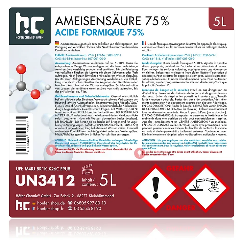 Höfer Chemie Acide Formique 75 % 1 x 5 L, Puissant Nettoyant Technique Pour Détartrage, Décapage Et Traitement Du Cuir Hot