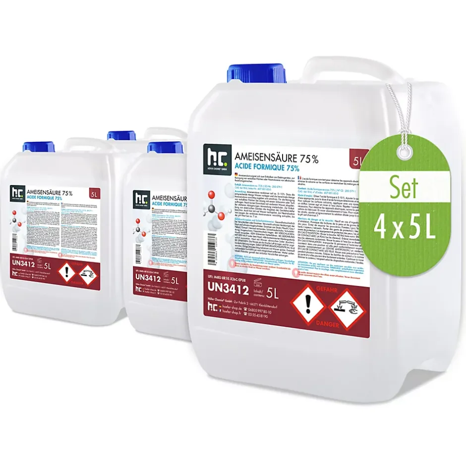 Höfer Chemie Acide Formique 75 % 4 x 5 L, Puissant Nettoyant Technique Pour Détartrage, Décapage Et Traitement Du Cuir Best