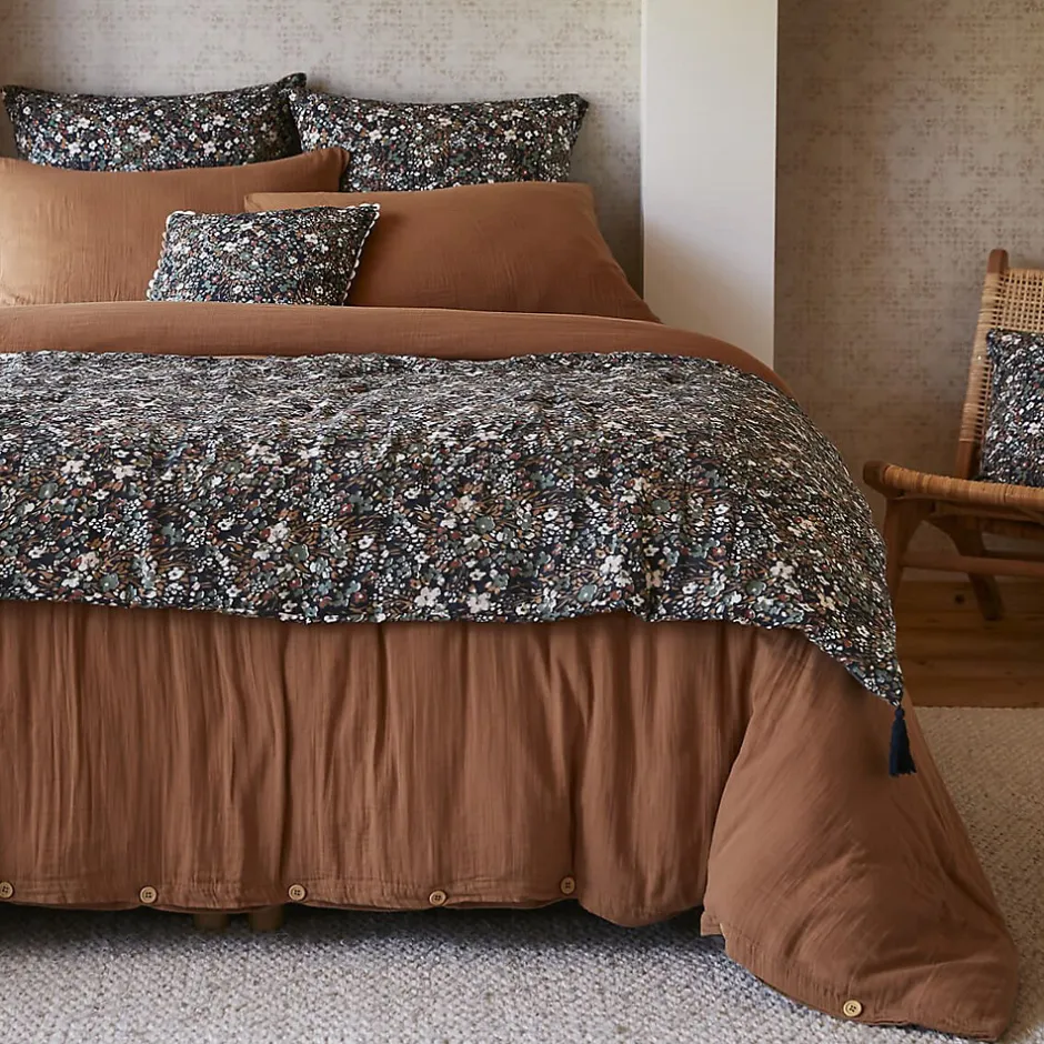 Altobuy ADONIS - Chemin de Lit 90x200cm Gaze de Coton Bleu Imprimé Fleur Détail 4 Pompons New