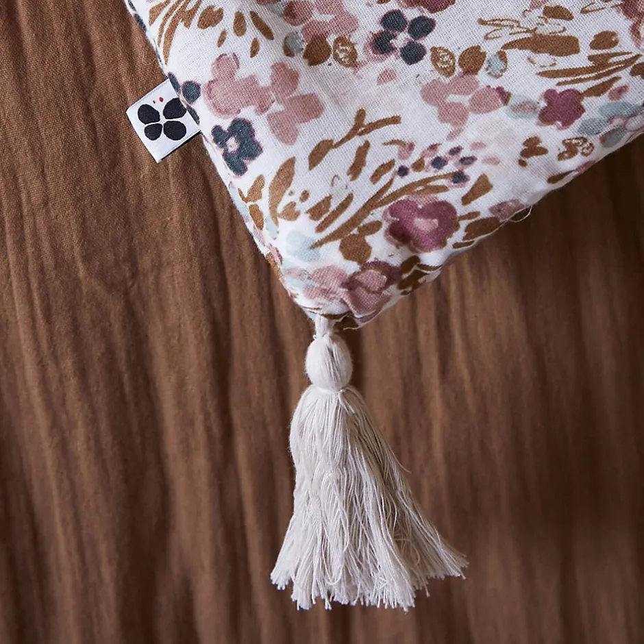 Altobuy ADONIS - Chemin de Lit 90x200cm Gaze de Coton Blanc Imprimé Fleur Détail 4 Pompons