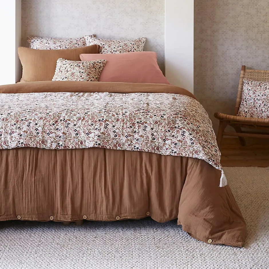 Altobuy ADONIS - Chemin de Lit 90x200cm Gaze de Coton Blanc Imprimé Fleur Détail 4 Pompons