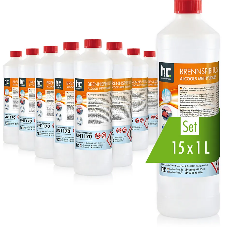 Höfer Chemie Alcool À Brûler 94 % 15 x 1 L, Haute Pureté Pour Nettoyage, Dégraissage Et Antigel Des Vitres Et Surfaces Domestiques