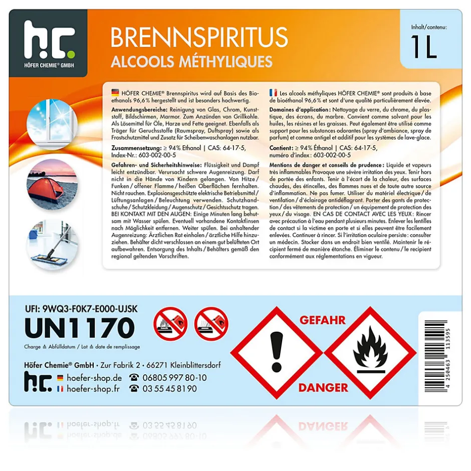 Höfer Chemie Alcool À Brûler 94 % 15 x 1 L, Haute Pureté Pour Nettoyage, Dégraissage Et Antigel Des Vitres Et Surfaces Domestiques
