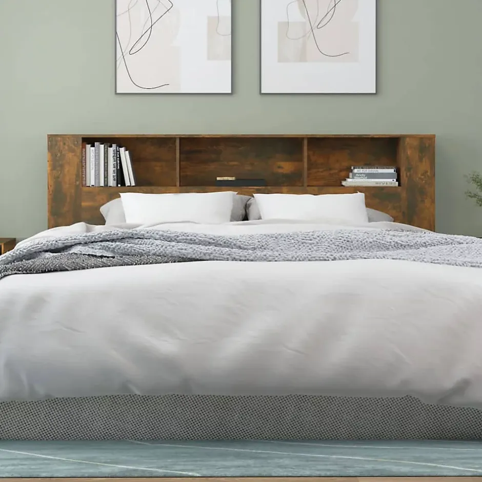 Vidaxl ANSELF Tête de lit avec Rangement,Tete de lit Bois,Design Mural,Espace de Rangement,Chêne fumé 200x18,5x104,5 cm Clearance