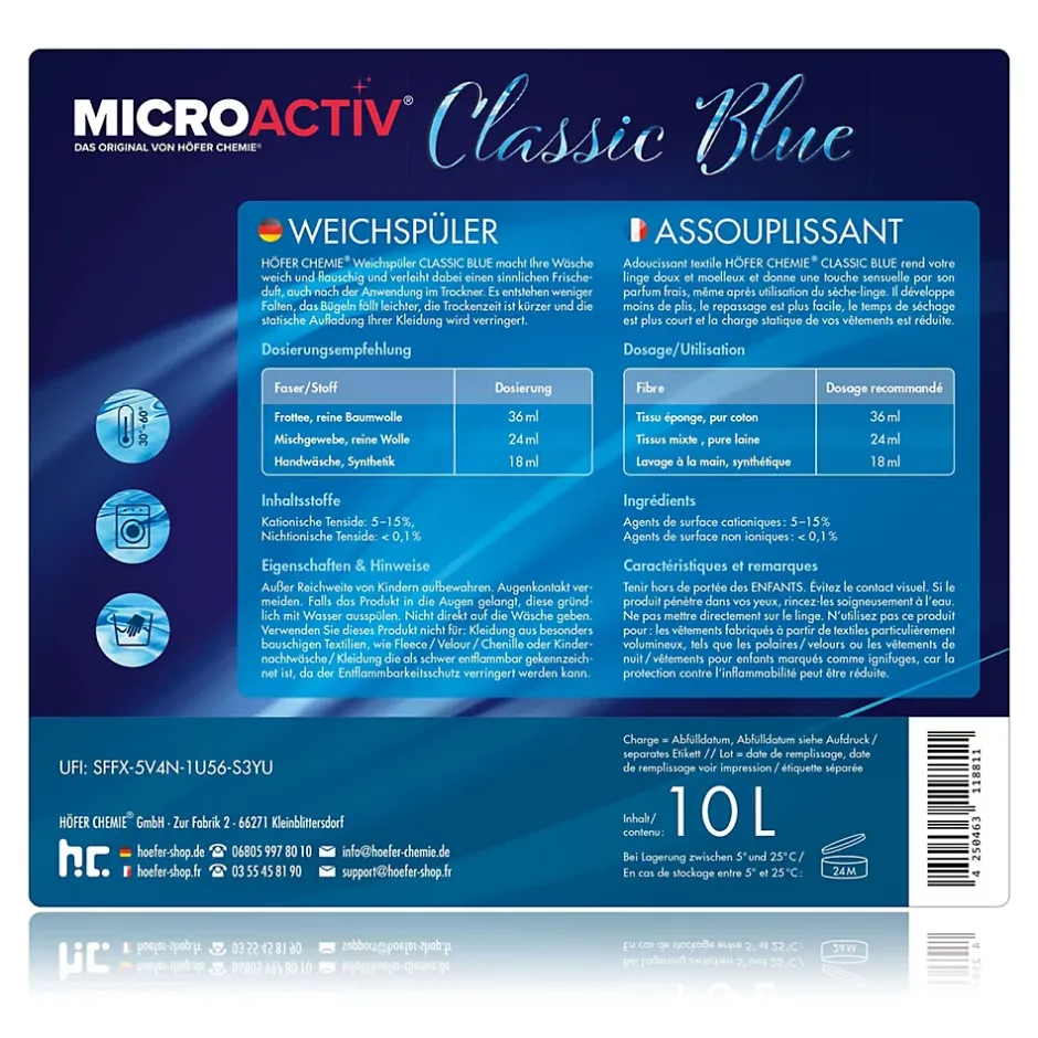 Höfer Chemie Assouplissant Végétalien Classic Blue 4 x 10 L, Linge Doux Et Parfum Longue Durée Best