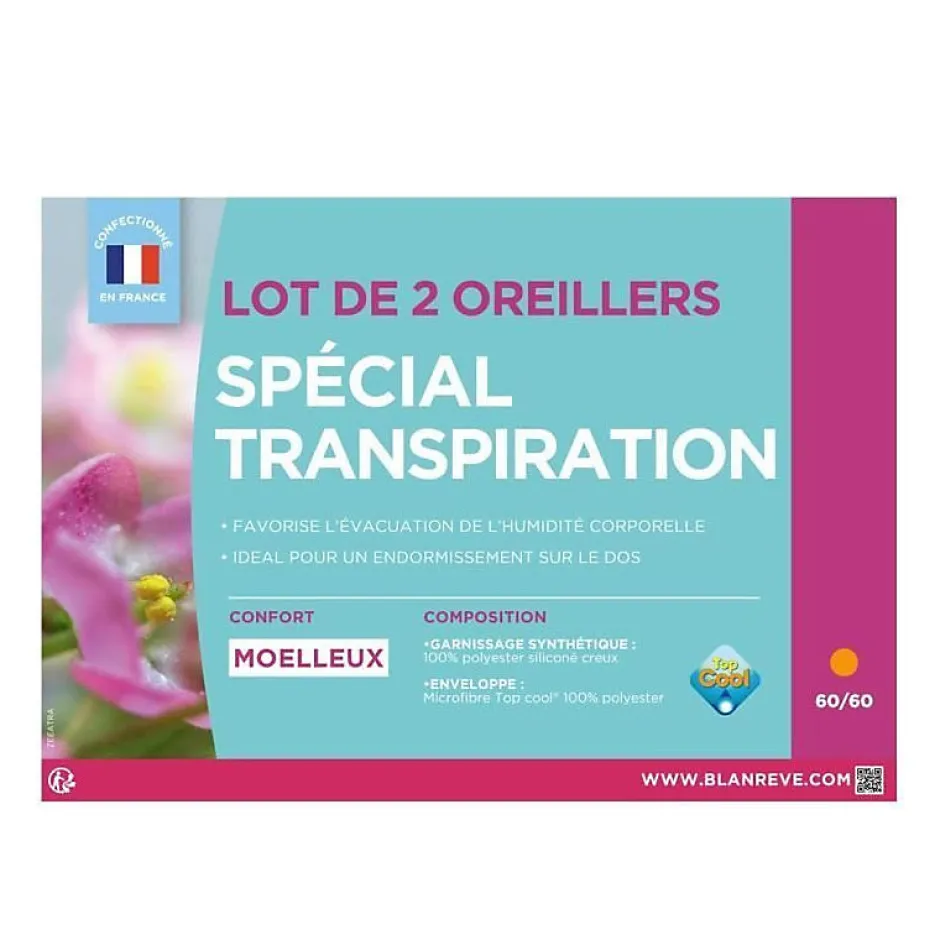 Blanreve Lot de 2 Oreillers Special Transpiration - 60 x 60 cm - Blanc Clearance