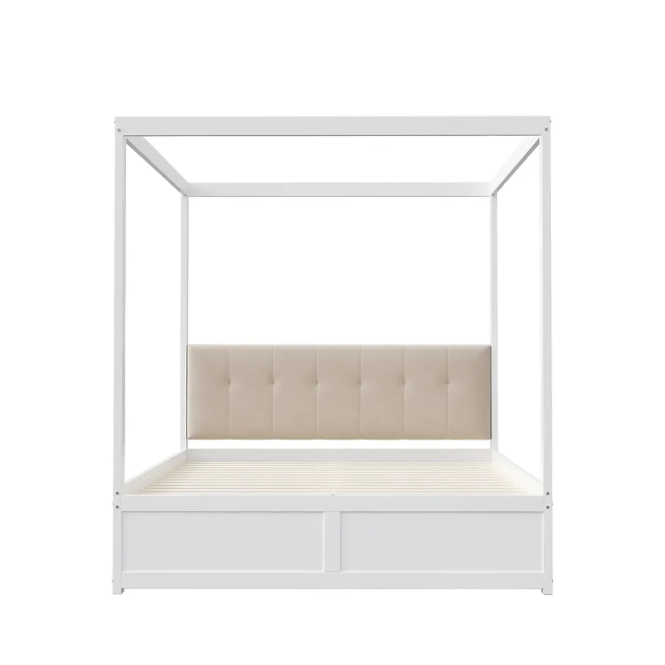 ProximaX Cadre de lit à baldaquin 140 x 200 cm avec 2 grands tiroirs et dossier moelleux, lit en bois blanc New