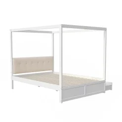 ProximaX Cadre de lit à baldaquin 140 x 200 cm avec 2 grands tiroirs et dossier moelleux, lit en bois blanc New