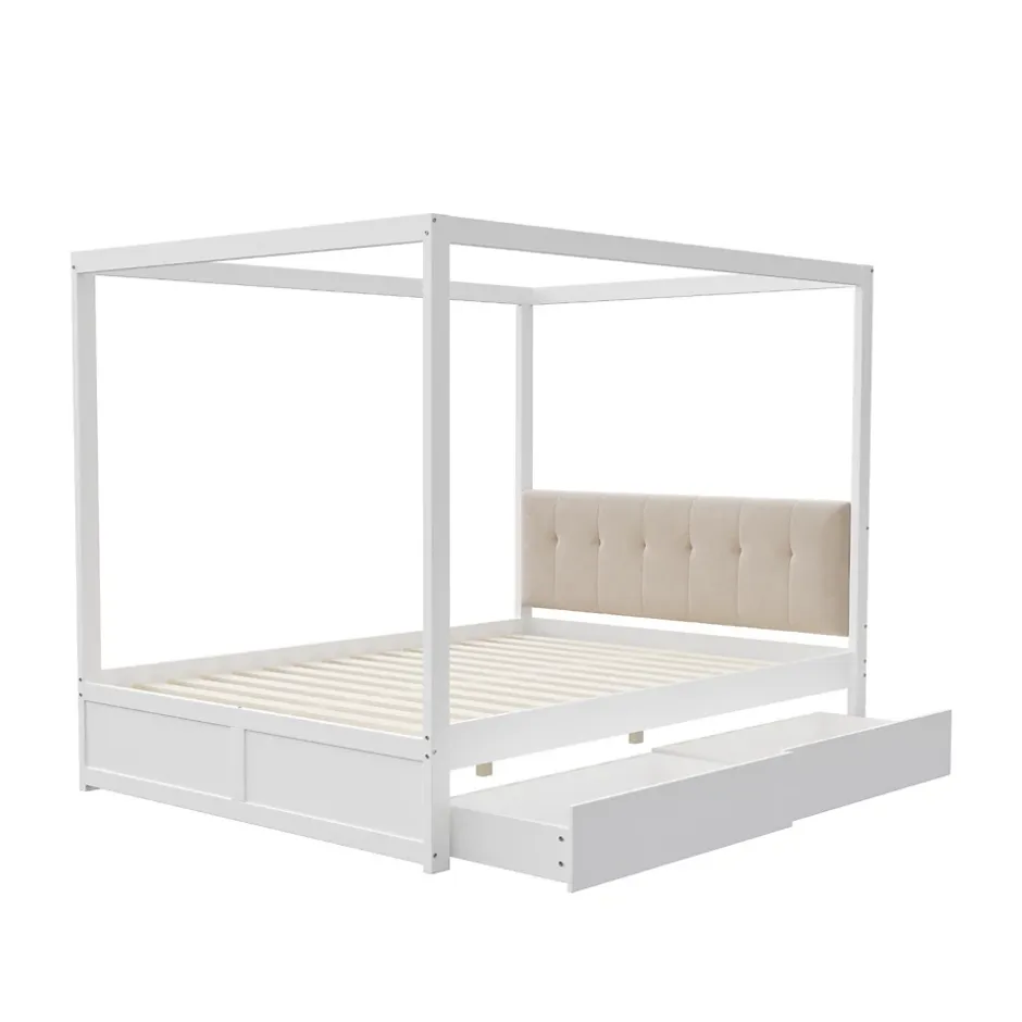ProximaX Cadre de lit à baldaquin 140 x 200 cm avec 2 grands tiroirs et dossier moelleux, lit en bois blanc New