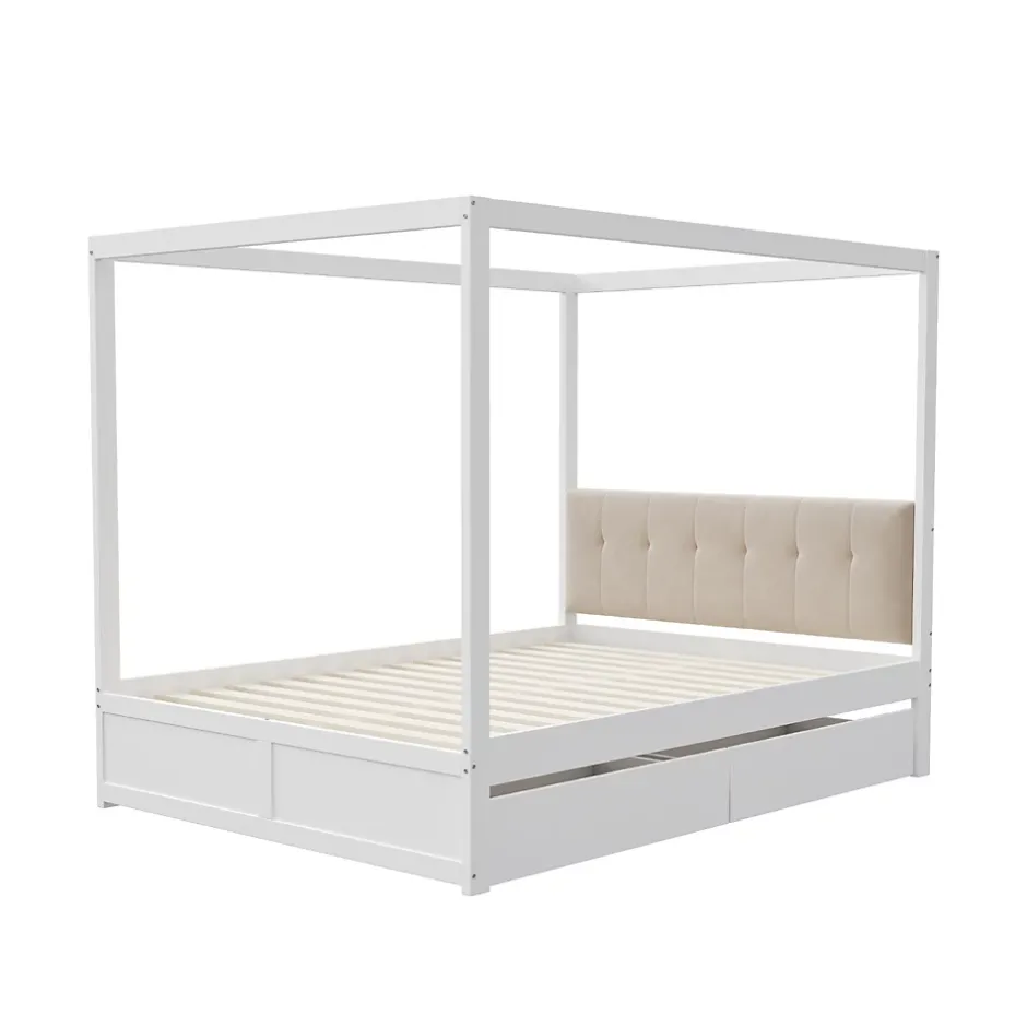 ProximaX Cadre de lit à baldaquin 140 x 200 cm avec 2 grands tiroirs et dossier moelleux, lit en bois blanc New
