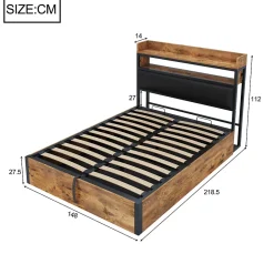 Redom Cadre de lit 140 par 200 cm avec mécanisme hydraulique USB tête rembourrée design bois et métal rangement caché noir Clearance