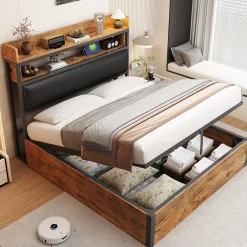 Redom Cadre de lit 140 par 200 cm avec mécanisme hydraulique USB tête rembourrée design bois et métal rangement caché noir Clearance