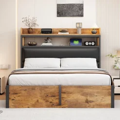Redom Cadre de lit 140 par 200 cm avec mécanisme hydraulique USB tête rembourrée design bois et métal rangement caché noir Clearance