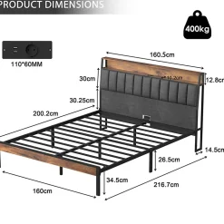 Teeno Cadre de lit 160 x 200 avec Base en métal, lit 2 Personnes, avec lumières LED et Prises Multiples (1 Prise AC, 2 Ports USB), avec