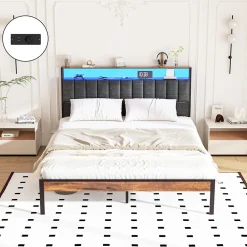 Teeno Cadre de lit 160 x 200 avec Base en métal, lit 2 Personnes, avec lumières LED et Prises Multiples (1 Prise AC, 2 Ports USB), avec