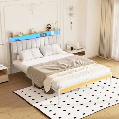 Teeno Cadre de lit, 140 x 190 avec Base en métal, lit 2 Personnes, avec lumières LED et Prises Multiples (1 Prise AC, 2 Ports USB), lit Discount