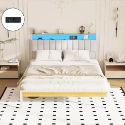 Teeno Cadre de lit, 140 x 190 avec Base en métal, lit 2 Personnes, avec lumières LED et Prises Multiples (1 Prise AC, 2 Ports USB), lit Discount