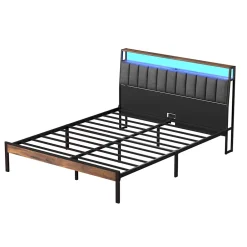 Teeno Cadre de lit 140 x 190 avec Base en métal, lit 2 Personnes, avec lumières LED et Prises Multiples (1 Prise AC, 2 Ports USB), avec