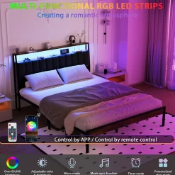 Teeno Cadre de lit 140 x 190 avec Base en métal, lit 2 Personnes, avec lumières LED et Prises Multiples (1 Prise AC, 2 Ports USB), avec