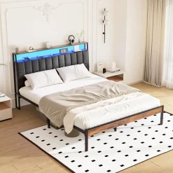 Teeno Cadre de lit 140 x 190 avec Base en métal, lit 2 Personnes, avec lumières LED et Prises Multiples (1 Prise AC, 2 Ports USB), avec