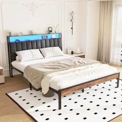 Teeno Cadre de lit 140 x 190 avec Base en métal, lit 2 Personnes, avec lumières LED et Prises Multiples (1 Prise AC, 2 Ports USB), avec