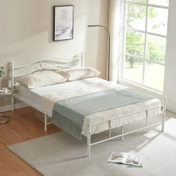 [En.Casa] Cadre de lit double Florenz Acier Revêtu par Poudre 160 x 200 Blanc en.casa