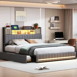 ProximaX Cadre de lit double gris 140x190 cm, sommier à lattes, rembourré avec tête de lit rangement, 4 tiroirs intégrés et montage facile