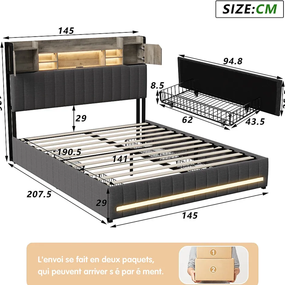 ProximaX Cadre de lit double gris 140x190 cm, sommier à lattes, rembourré avec tête de lit rangement, 4 tiroirs intégrés et montage facile