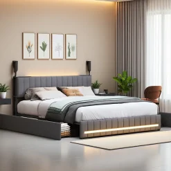 ProximaX Cadre de lit double gris 140x190 cm, sommier à lattes, rembourré avec tête de lit rangement, 4 tiroirs intégrés et montage facile Discount
