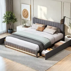 ProximaX Cadre de lit double gris 140x190 cm, sommier à lattes, rembourré avec tête de lit rangement, 4 tiroirs intégrés et montage facile Discount