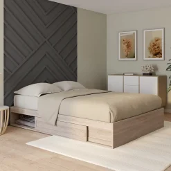 IDMarket Cadre de lit double SALEM avec rangements et sommier 140 x 190 cm façon hêtre